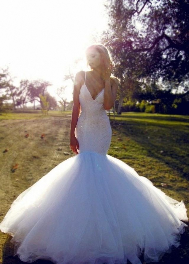 White Lace Mermaid Wedding Gowns Dress with Tulle Skirt