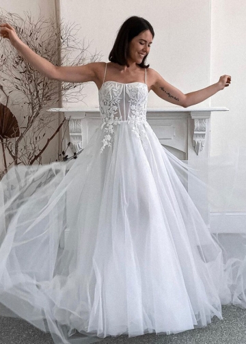 Wedding Dress 2022 Tulle Sleeveless White With Spaghetti Straps