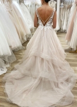 Wedding Dresses Illusion Neck Appliques Ruffled Tulle Skirt Bridal Dress