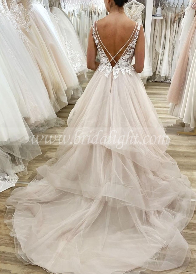 Wedding Dresses Illusion Neck Appliques Ruffled Tulle Skirt Bridal Dress