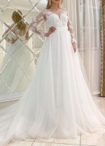 White Wedding Dresses Lace Appliques Lace Up Back Long Sleeves Wedding Bridal Dress