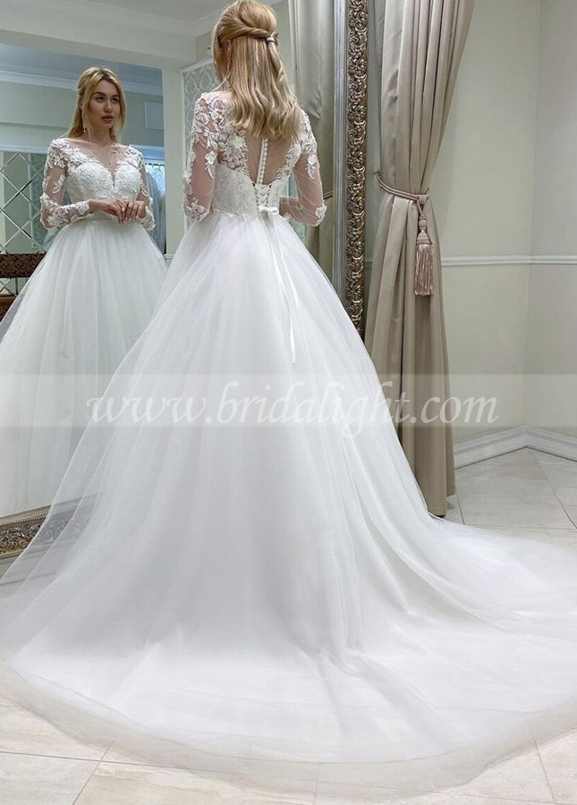 White Wedding Dresses Lace Appliques Lace Up Back Long Sleeves Wedding Bridal Dress
