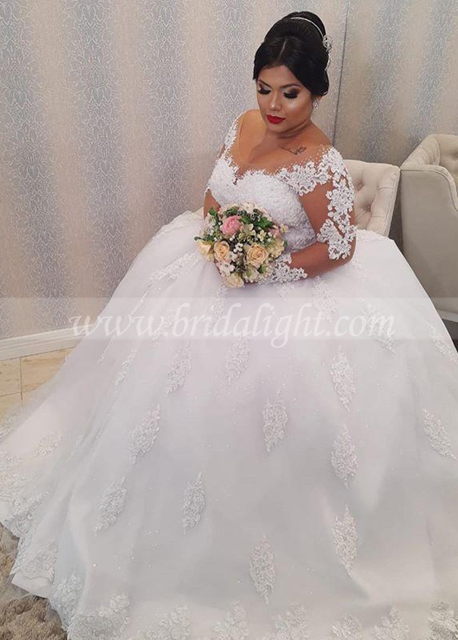 White Lace Appliques Plus size Wedding Dresses Long Sleeves Lace Up Back Wedding Gowns