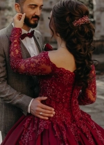Wine Red Long Sleeve Wedding Dresses Bridal Gowns Luxury