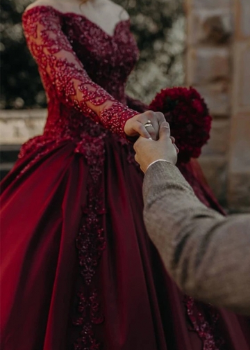 Burgundy ball gown wedding dresses lace appliqué v neck elegant long s   luckybridal