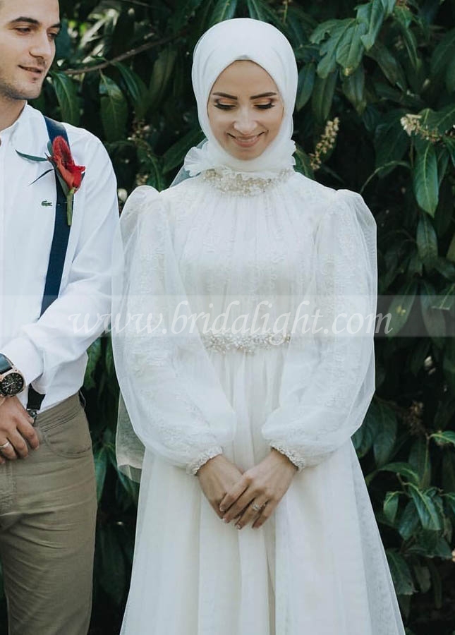 White Simple Lace Tulle Muslim Wedding Dresses A Line Arabic Bride Gown