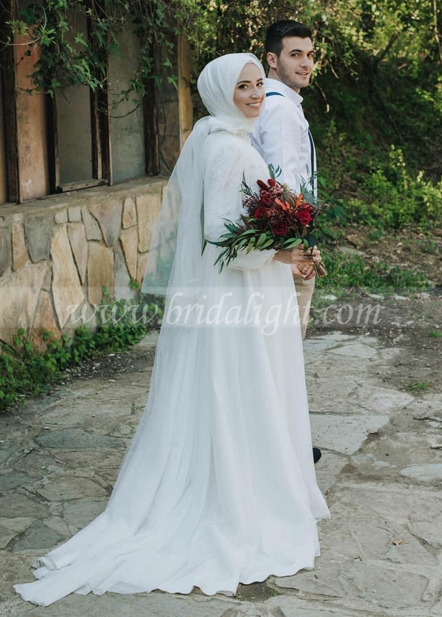 White Simple Lace Tulle Muslim Wedding Dresses A Line Arabic Bride Gown